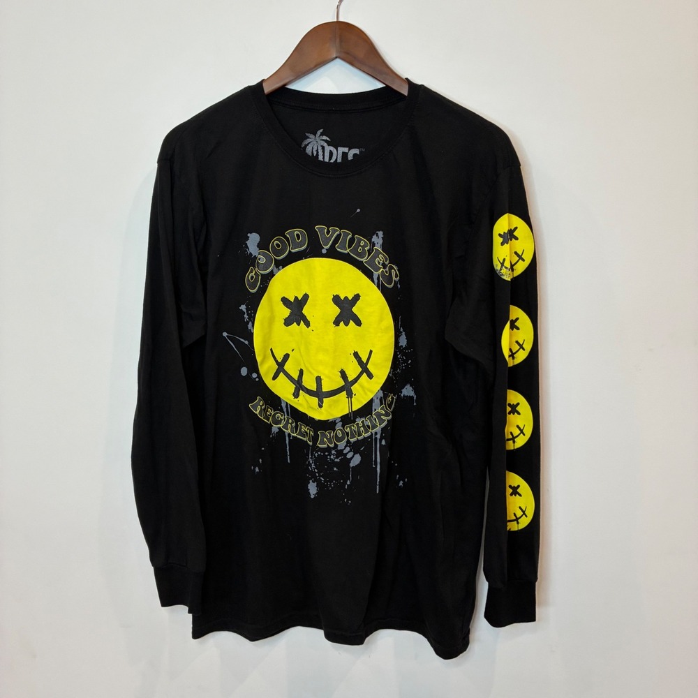 Vibes Mens Long Sleeve Graphic Tee Black Good Vibes Regret Nothing Smiley Large